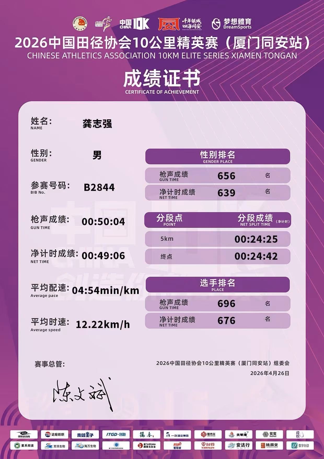 厦门同安 10km-完赛证书
